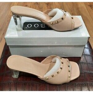 BAMBOO LUCENT-06 Nude Sparkle Chunky Clear Block Heel Slip On Mule Sandals Sz 8